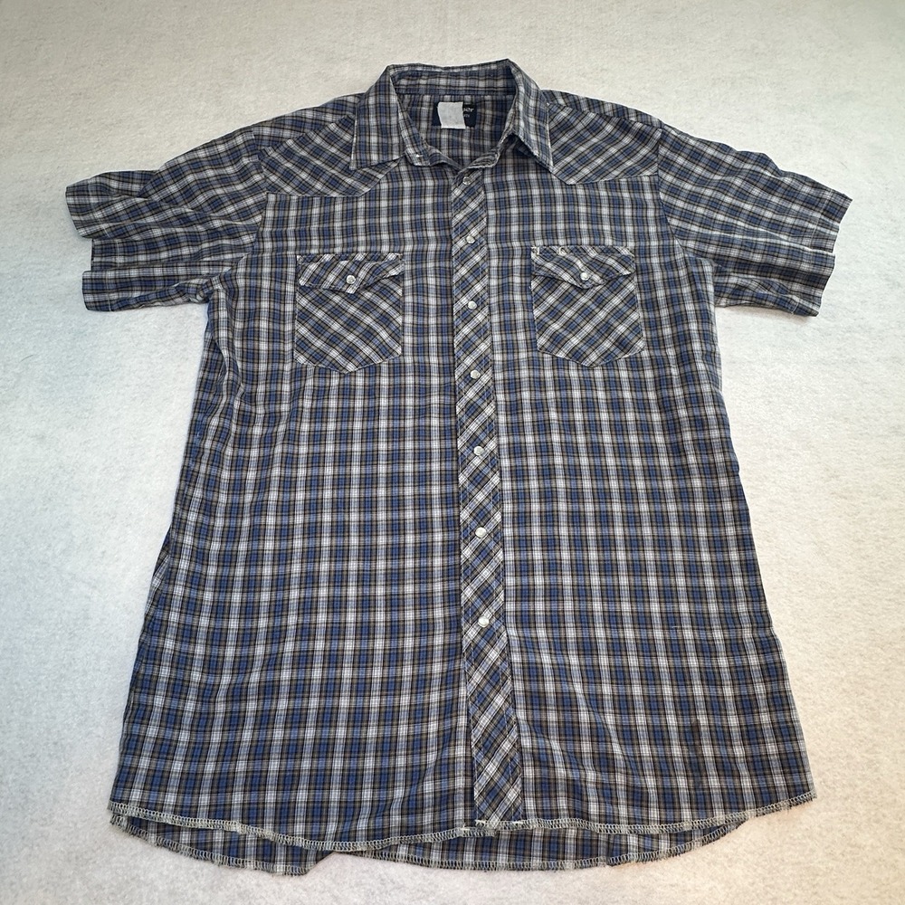 Wrangler Men's Large Blue Black Short‎ Sleeve Pearl Snap Western Casual Shirt